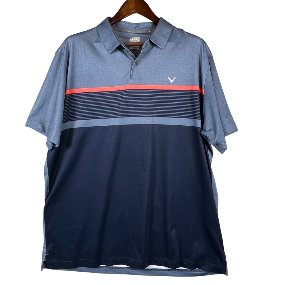 Callaway Mens XL Opti-Dri Golf Polo Performance 3-Tone Navy Blue Orange Stripe